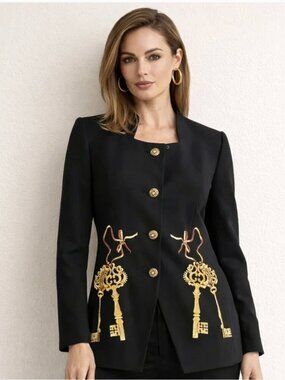 Vintage Jovani Gold Key Detail Classic Black Blazer 8